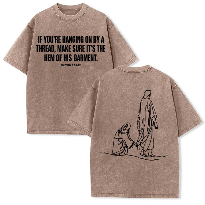 Christianartworkshop Matthew 9:20‑22 Faith Quote Front Bleeding Woman Touch Christ Robe Line Art Rear Print Washed T‑Shirt - Brown - 5XL - image 0