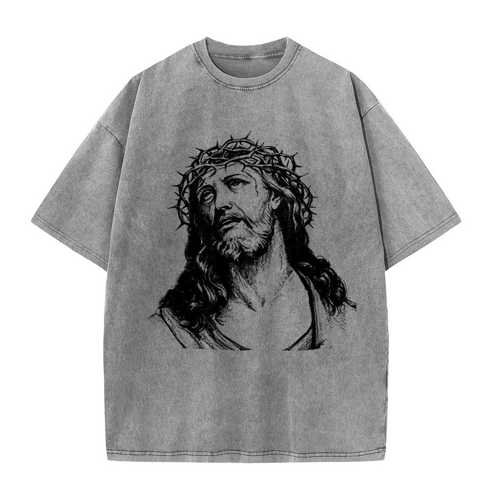 Christianartworkshop Thorn Crown Jesus Bust Front Know God Know Peace John 14:27 Rear Dual Side Print Washed T‑Shirt - image 7