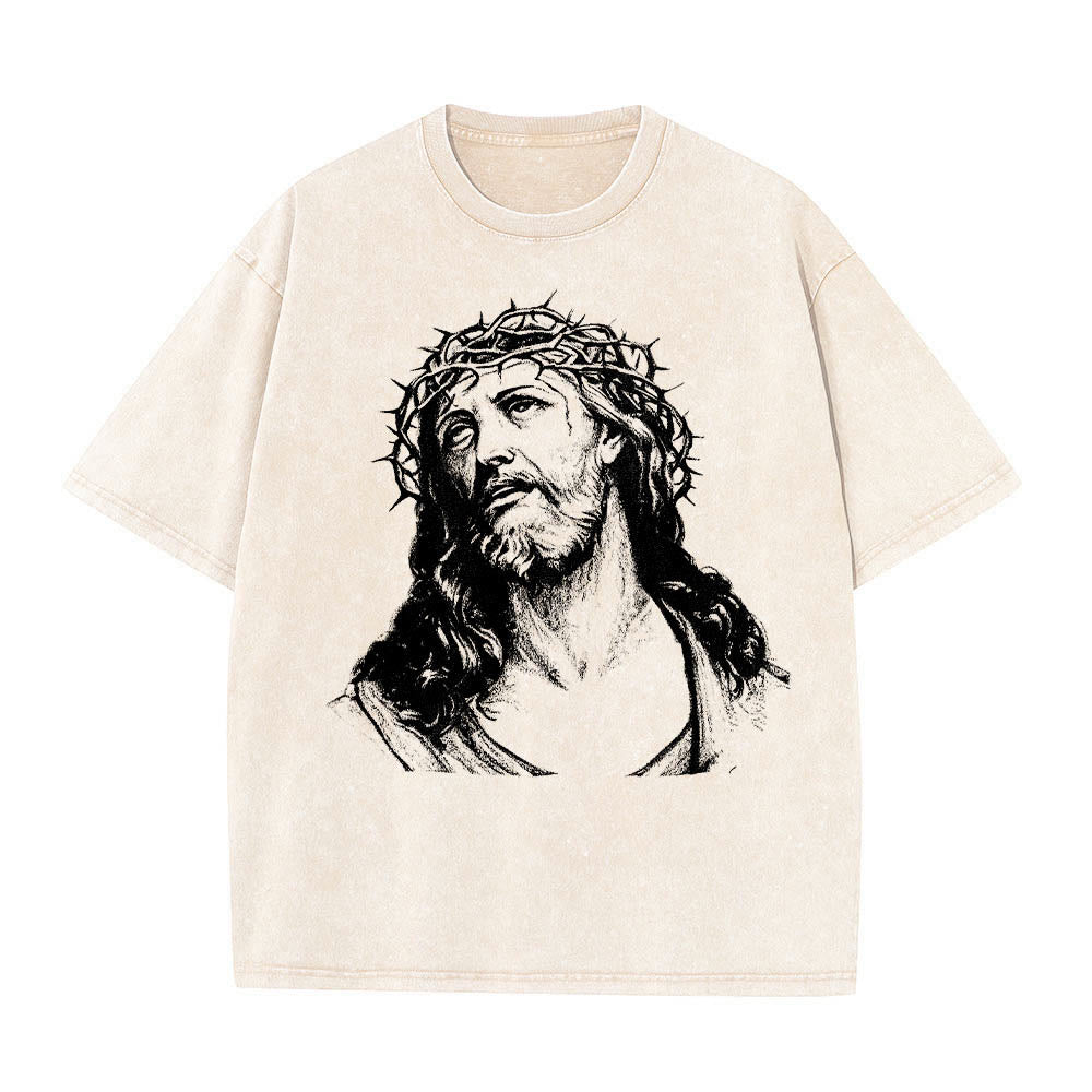 Christianartworkshop Thorn Crown Jesus Bust Front Know God Know Peace John 14:27 Rear Dual Side Print Washed T‑Shirt - image 1