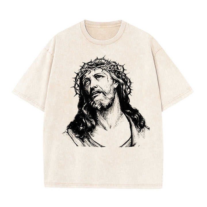 Christianartworkshop Thorn Crown Jesus Bust Front Know God Know Peace John 14:27 Rear Dual Side Print Washed T‑Shirt - image 1