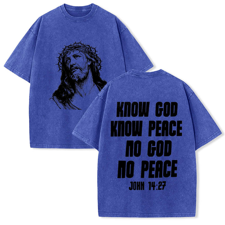 Christianartworkshop Thorn Crown Jesus Bust Front Know God Know Peace John 14:27 Rear Dual Side Print Washed T‑Shirt - Blue - 5XL - image 12