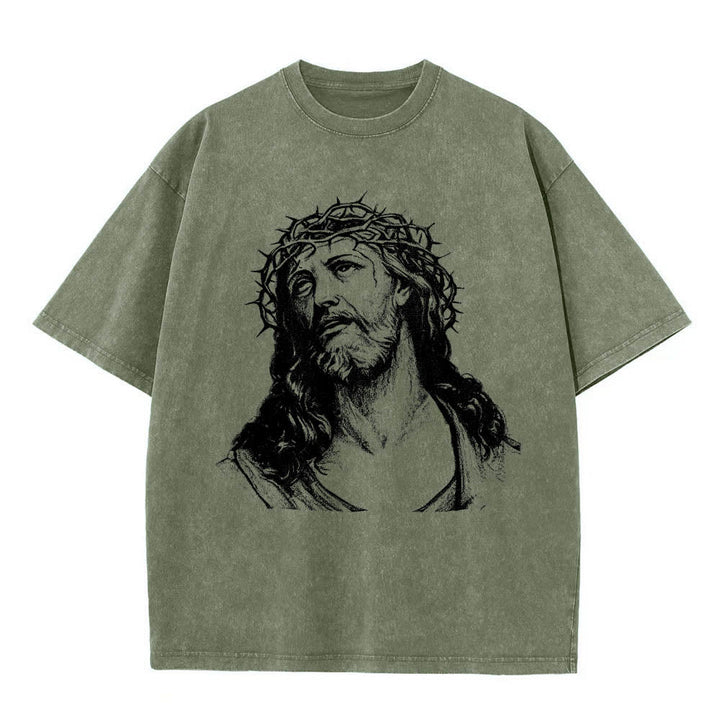 Christianartworkshop Thorn Crown Jesus Bust Front Know God Know Peace John 14:27 Rear Dual Side Print Washed T‑Shirt - image 25
