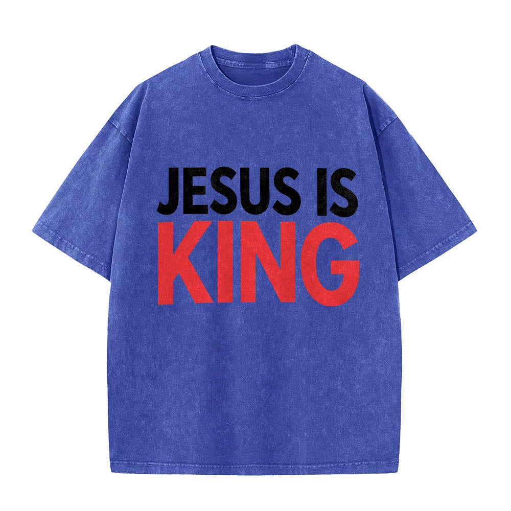Christianartworkshop Two Tier Bold Block Jesus Is King Front Typography Print Washed T‑Shirt - Blue - 5XL - image 8
