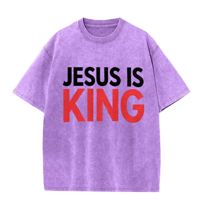 Christianartworkshop Two Tier Bold Block Jesus Is King Front Typography Print Washed T‑Shirt - Purple - 5XL - image 12