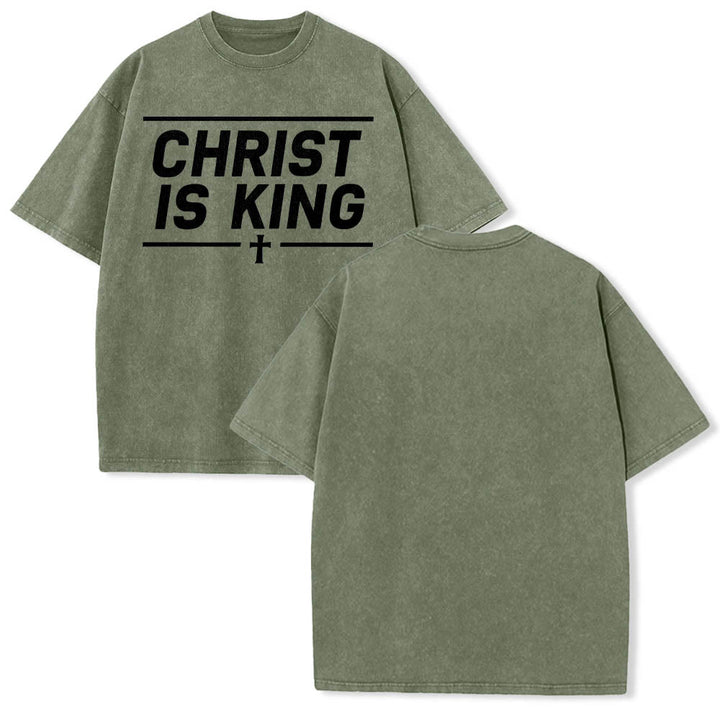 Christianartworkshop Double Horizontal Line Framed Christ Is King Centered Cross Front Print Washed T‑Shirt - image 17
