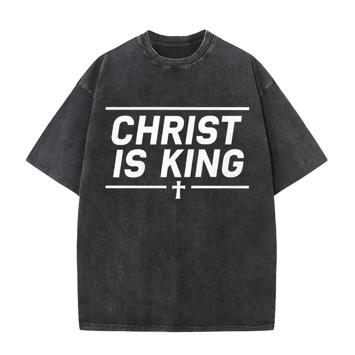 Christianartworkshop Double Horizontal Line Framed Christ Is King Centered Cross Front Print Washed T‑Shirt - Black - 5XL - image 0
