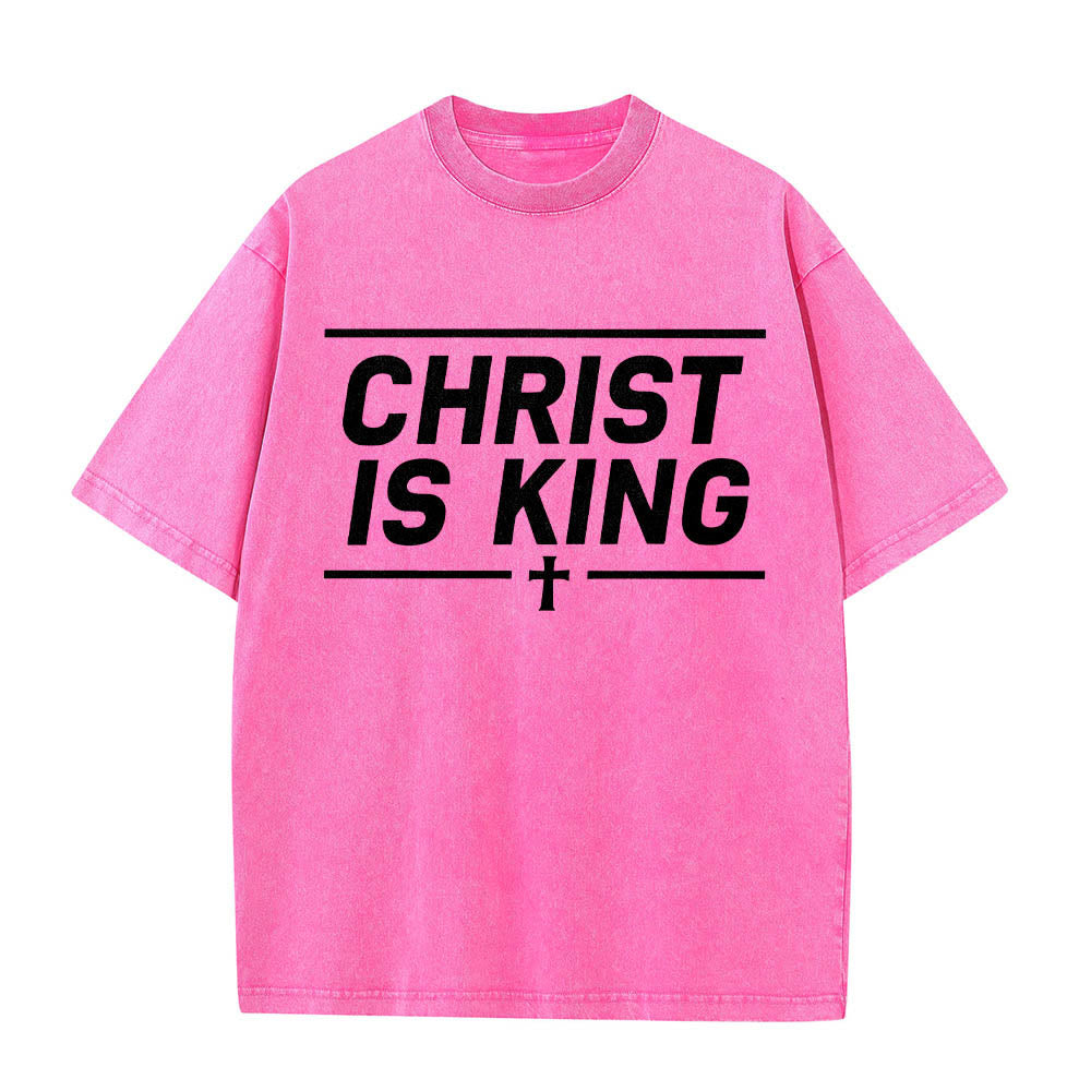 Christianartworkshop Double Horizontal Line Framed Christ Is King Centered Cross Front Print Washed T‑Shirt - Pink - 5XL - image 14