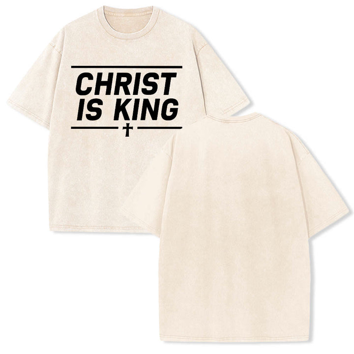 Christianartworkshop Double Horizontal Line Framed Christ Is King Centered Cross Front Print Washed T‑Shirt - image 3