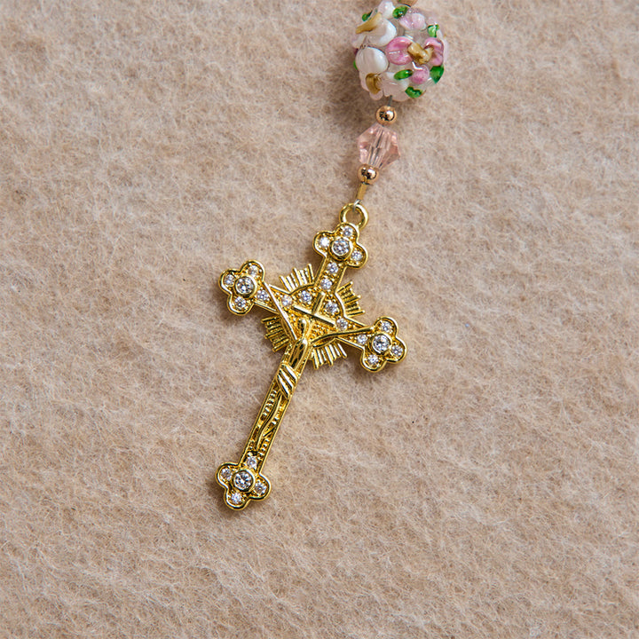 Christianartworkshop Cream Pearl Floral Crystal Rosary With Jeweled Golden Crucifix: Emblem of Soft Heavenly Tenderness - image 7