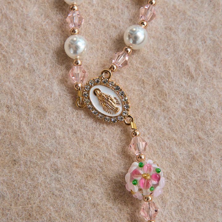 Christianartworkshop Cream Pearl Floral Crystal Rosary With Jeweled Golden Crucifix: Emblem of Soft Heavenly Tenderness - image 6