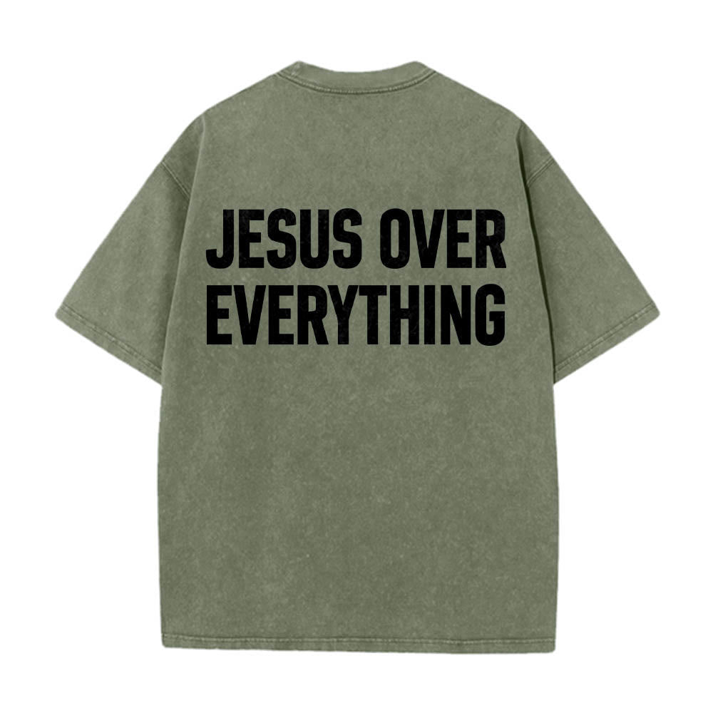 Christianartworkshop Two-Line Bold Jesus Over Everything Rear Block Letter Print Washed T‑Shirt - Army Green - 5XL - image 16