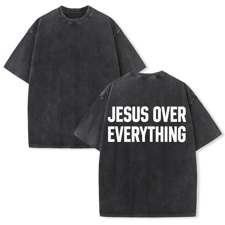 Christianartworkshop Two-Line Bold Jesus Over Everything Rear Block Letter Print Washed T‑Shirt - image 1
