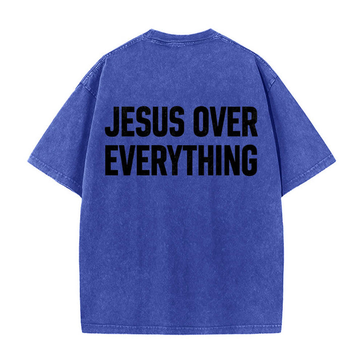 Christianartworkshop Two-Line Bold Jesus Over Everything Rear Block Letter Print Washed T‑Shirt - Blue - 5XL - image 8