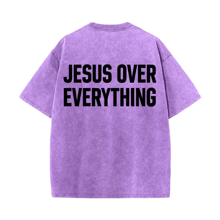 Christianartworkshop Two-Line Bold Jesus Over Everything Rear Block Letter Print Washed T‑Shirt - Purple - 5XL - image 12