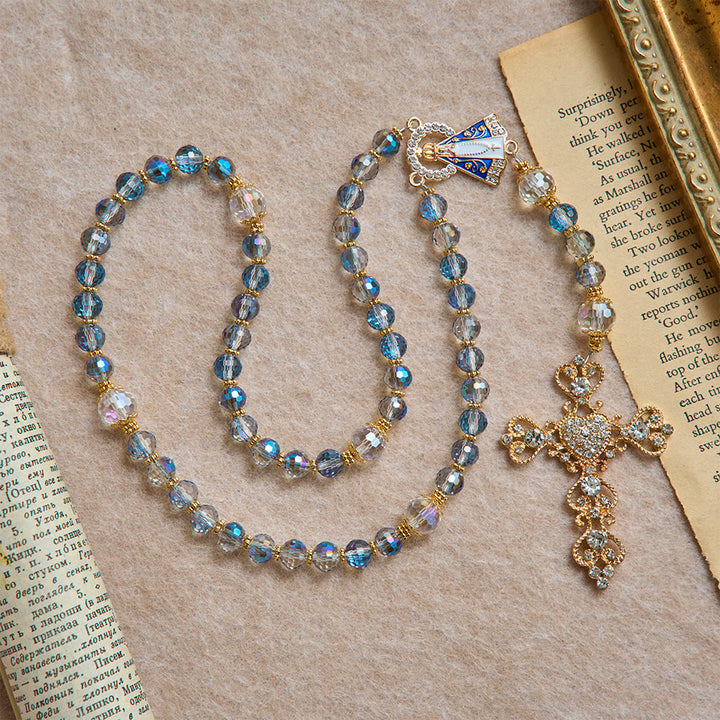 Christianartworkshop Iridescent Blue Beads Rosary With Our Lady of Aparecida & Rhinestone Crucifix: Custom Name Bead Keepsake For Chapel - image 3