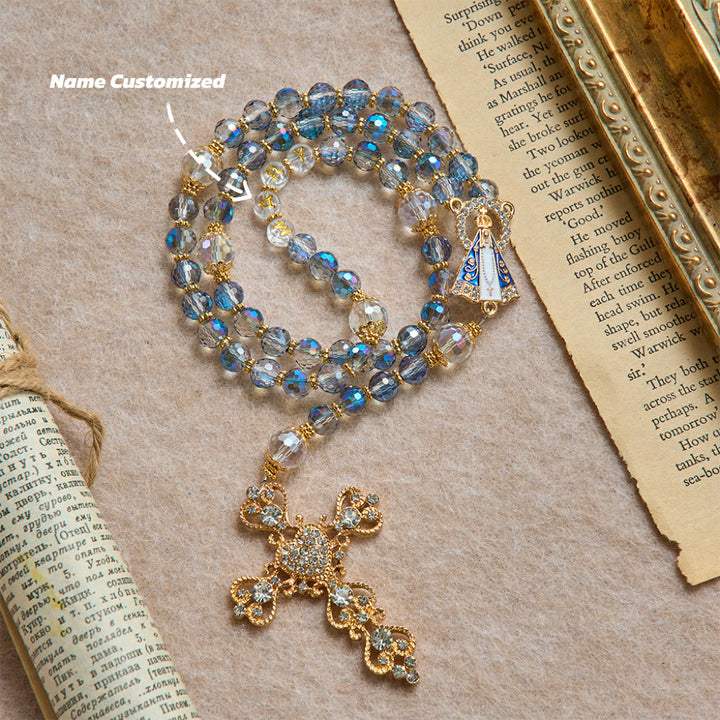 Christianartworkshop Iridescent Blue Beads Rosary With Our Lady of Aparecida & Rhinestone Crucifix: Custom Name Bead Keepsake For Chapel - Name Customized(All in capitals) - image 2