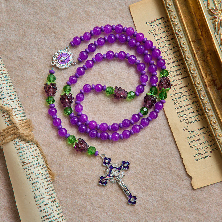 Christianartworkshop Grape Shaped Glass Bead Rosary With Enamel Crucifix: Emblem of Eucharistic Heavenly Blessing - Grape-Themed Rosary - image 0