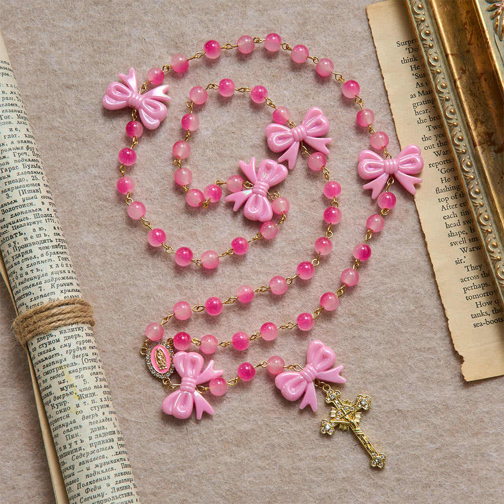Christianartworkshop Girly Dual-Tone Gradient Bead Rosary With Glossy Resin Bows & Jeweled Gold Crucifix - Pink Bows Rosary - image 0