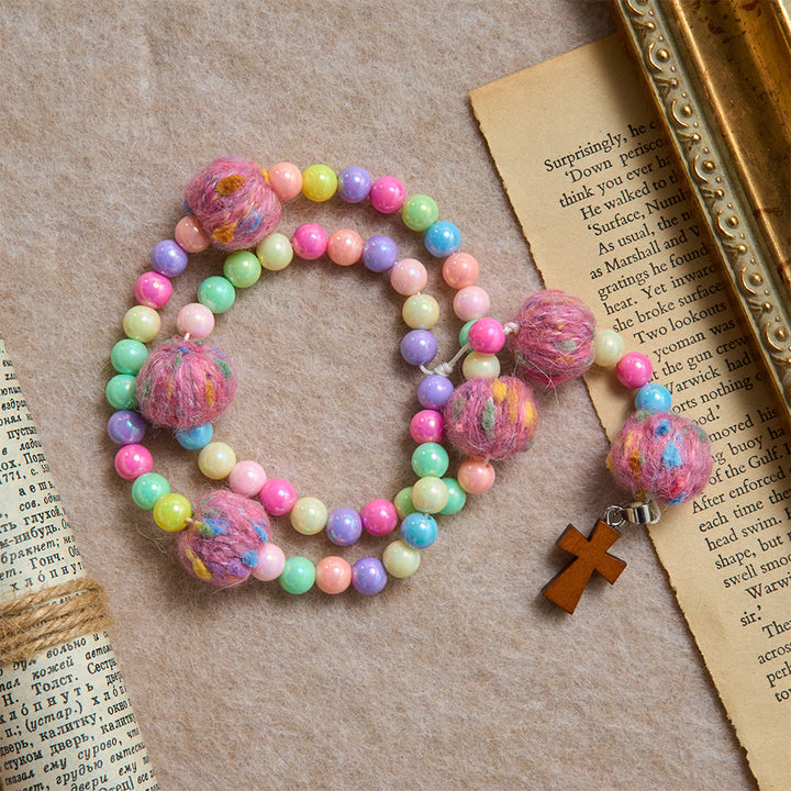 Christianartworkshop Fluffy Pom-Pom Macaron Bead Kids Rosary With Wooden Cross: Emblem of Innocent Heavenly Kindness - image 4