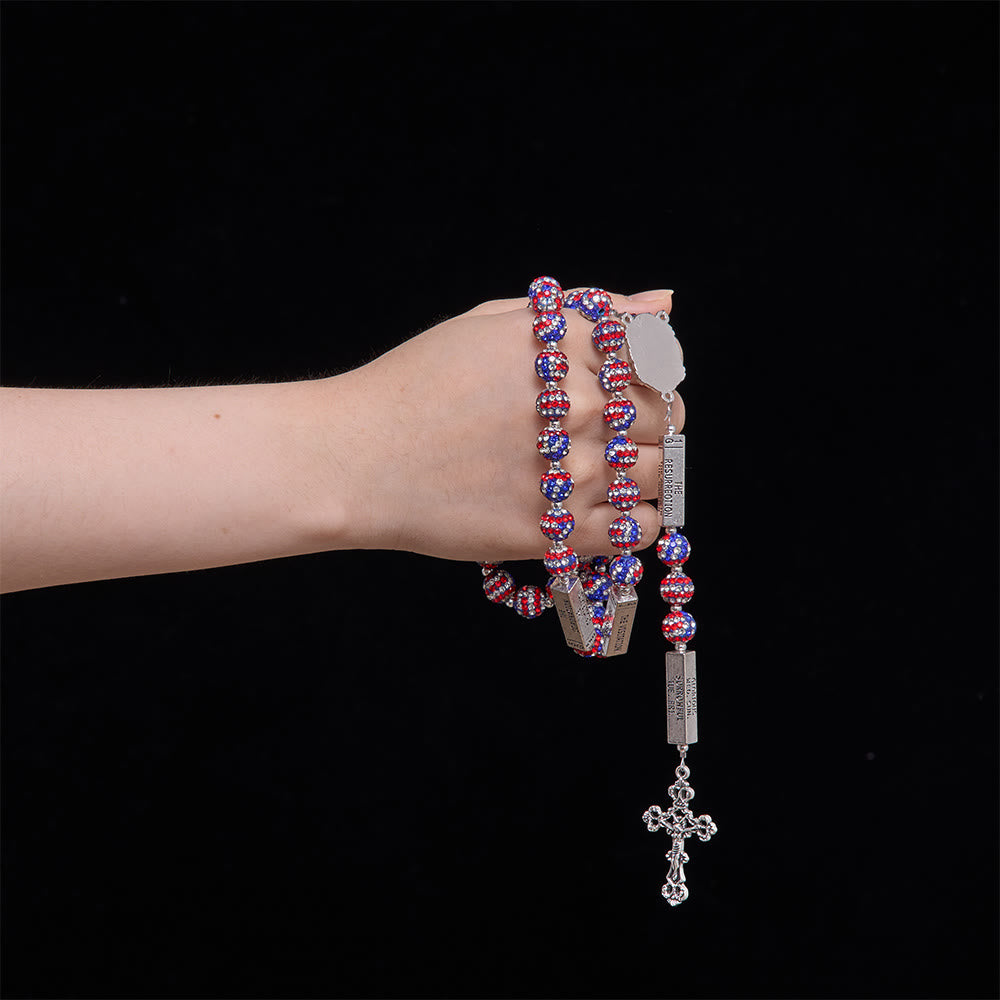 Christianartworkshop American Flag-Tone Rhinestone Scripture Bar Rosary With Antique Crucifix: Emblem of Faithful Heavenly Allegiance - image 1