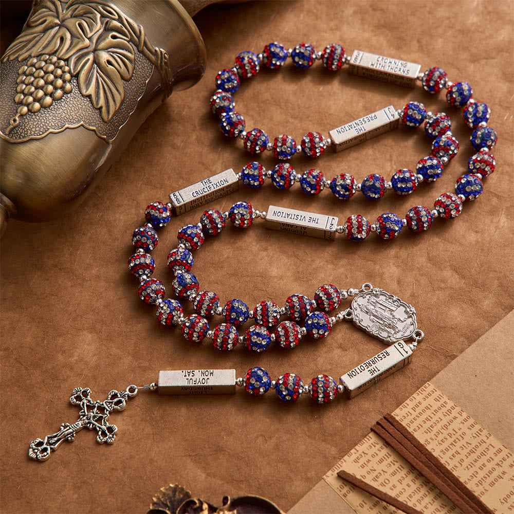 Christianartworkshop American Flag-Tone Rhinestone Scripture Bar Rosary With Antique Crucifix: Emblem of Faithful Heavenly Allegiance - American Flag-Toned Rosary - image 0