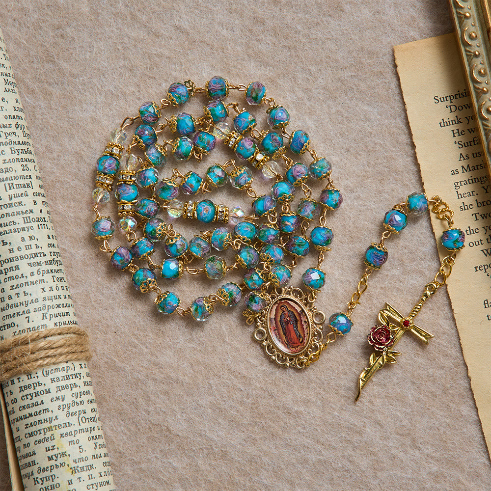 Christianartworkshop Blue Floral Glass Rosary With Rose Gilded Crucifix & Our Lady of Guadalupe Medallion - image 2