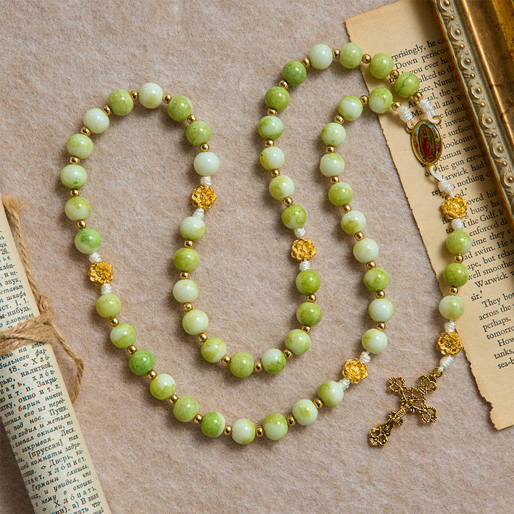 Christianartworkshop Fresh Lotus Spacer Jade-Toned Rosary With Ornate Carved Crucifix: Emblem of Pure Heavenly Serenity - image 4