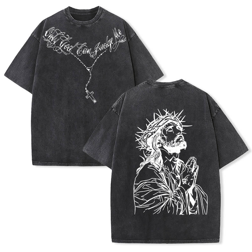 Christianartworkshop Front Cursive Slogan Rosary Cross Chain Back Thorn Crown Praying Jesus Line Washed T‑Shirt - Black - 5XL - image 0