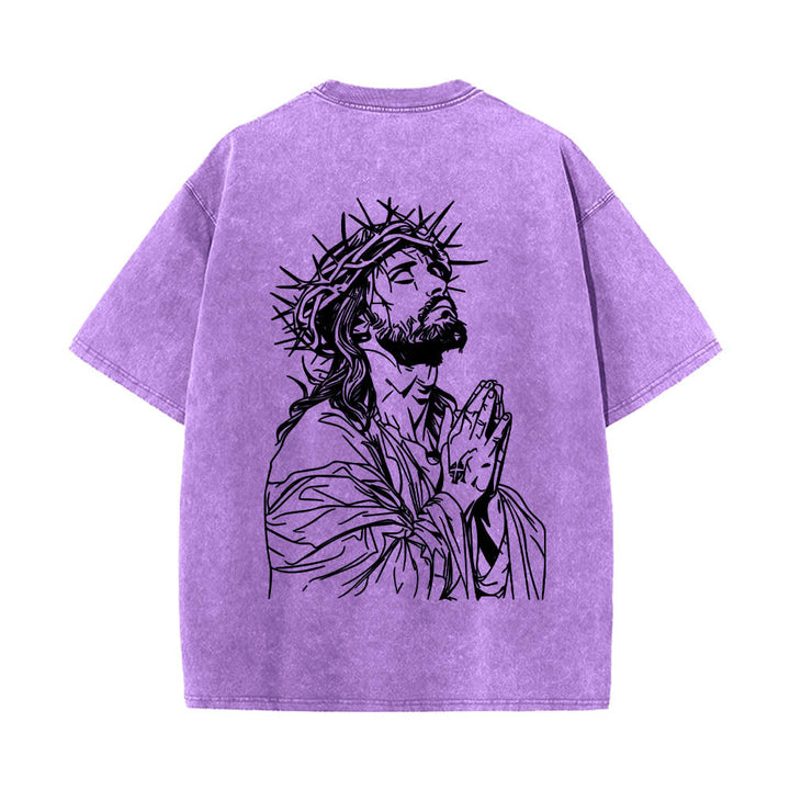 Christianartworkshop Front Cursive Slogan Rosary Cross Chain Back Thorn Crown Praying Jesus Line Washed T‑Shirt - image 20