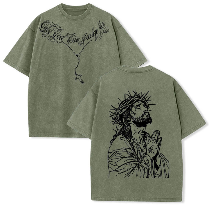 Christianartworkshop Front Cursive Slogan Rosary Cross Chain Back Thorn Crown Praying Jesus Line Washed T‑Shirt - Army Green - 5XL - image 24