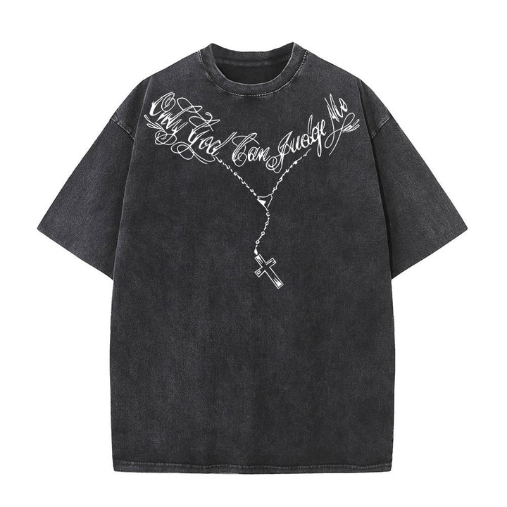 Christianartworkshop Front Cursive Slogan Rosary Cross Chain Back Thorn Crown Praying Jesus Line Washed T‑Shirt - image 1