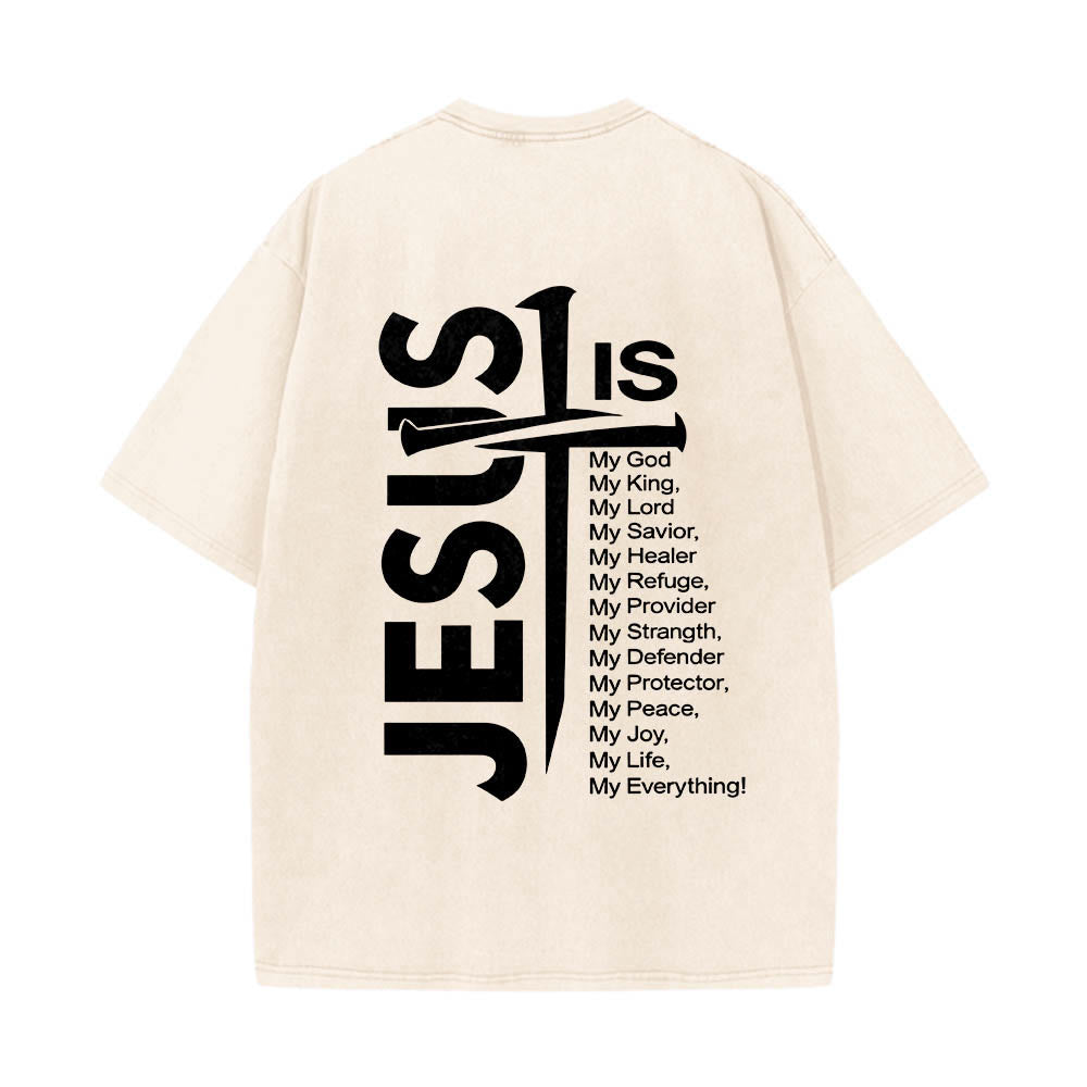 Christianartworkshop Front Mini Emblem Back Large Jesus Cross Attribute List Dual-Side Print Washed T‑Shirt - image 5