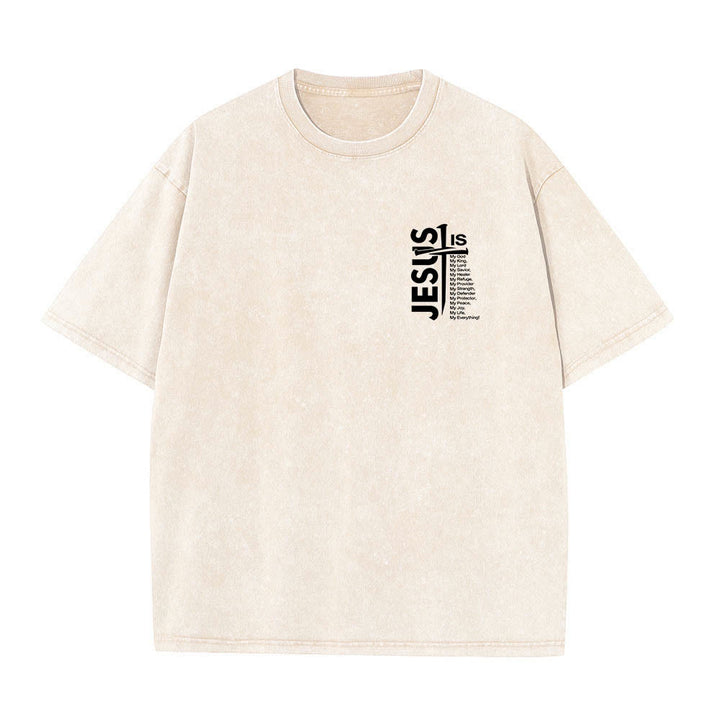 Christianartworkshop Front Mini Emblem Back Large Jesus Cross Attribute List Dual-Side Print Washed T‑Shirt - image 4