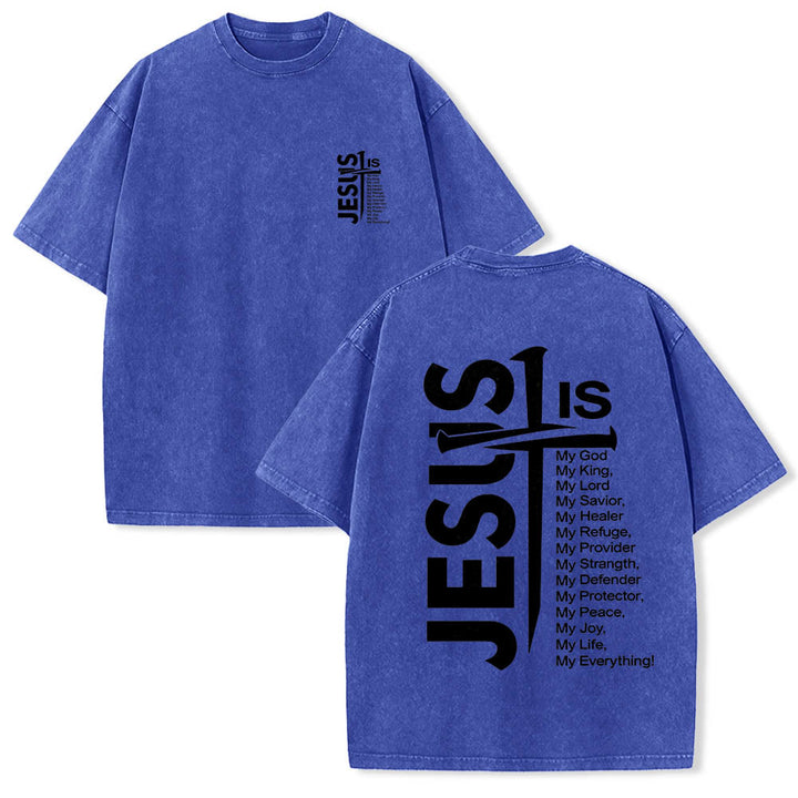 Christianartworkshop Front Mini Emblem Back Large Jesus Cross Attribute List Dual-Side Print Washed T‑Shirt - Blue - 5XL - image 12