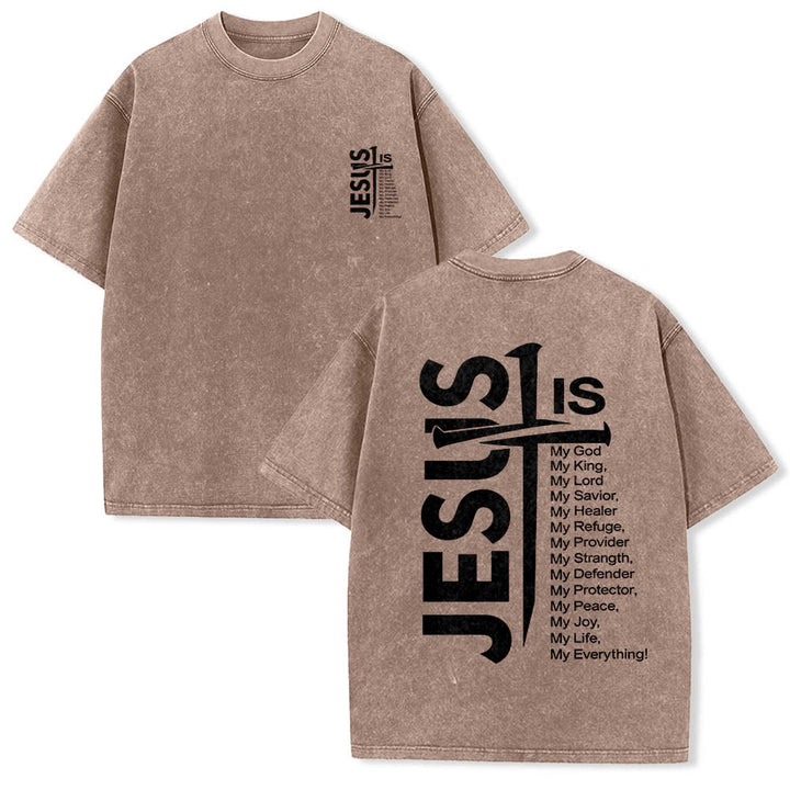 Christianartworkshop Front Mini Emblem Back Large Jesus Cross Attribute List Dual-Side Print Washed T‑Shirt - Brown - 5XL - image 6