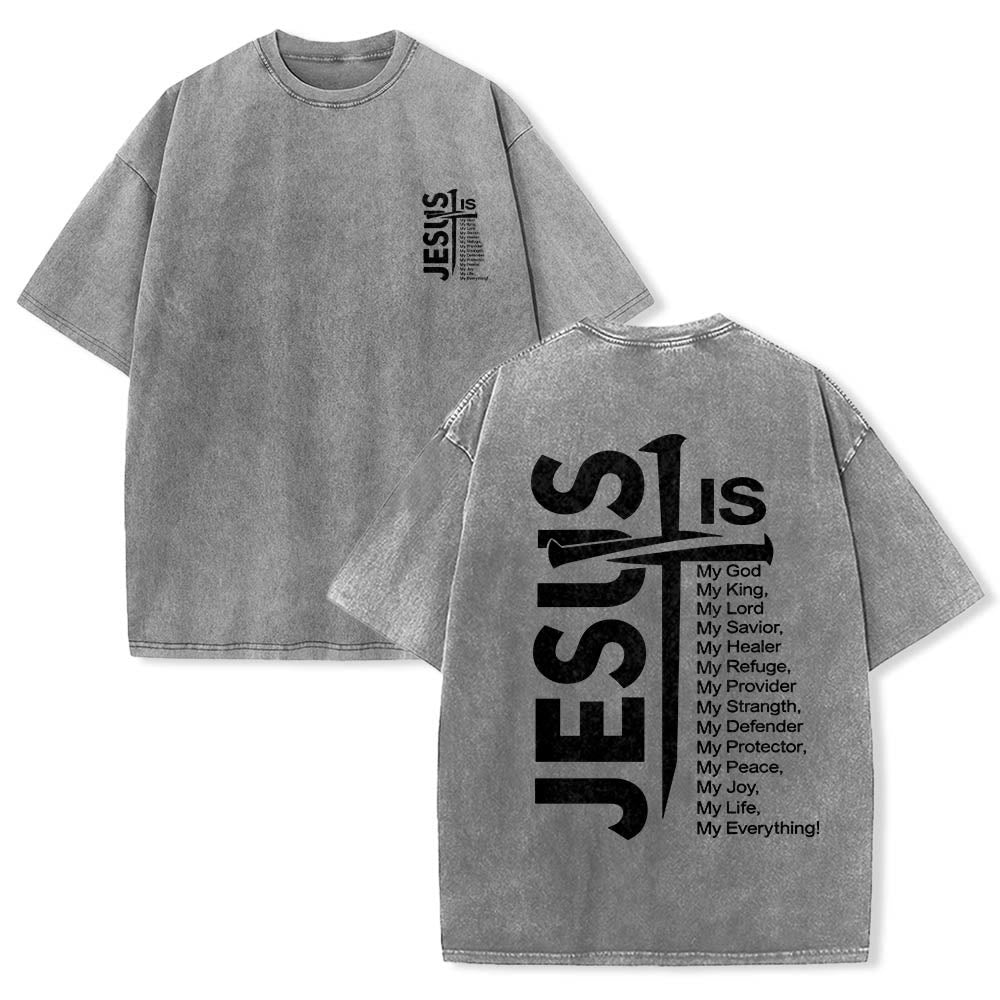 Christianartworkshop Front Mini Emblem Back Large Jesus Cross Attribute List Dual-Side Print Washed T‑Shirt - Grey - 5XL - image 9