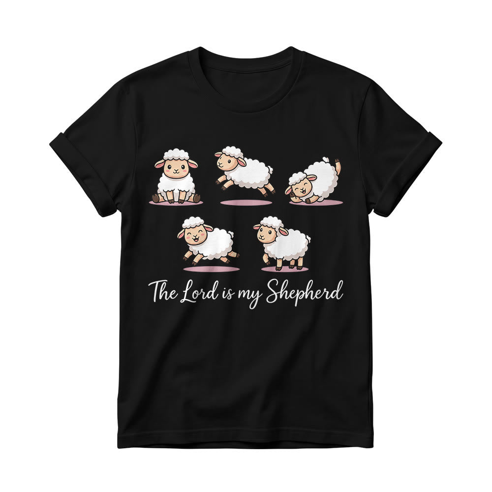 Christianartworkshop Timeless Psalm 23 Theme Cartoon Sheep Cursive Scripture Phrase Women’s Crewnecks T-shirt - Black - 4XL - image 2