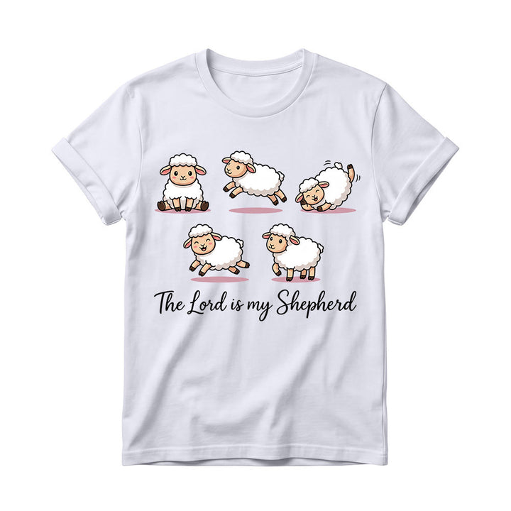 Christianartworkshop Timeless Psalm 23 Theme Cartoon Sheep Cursive Scripture Phrase Women’s Crewnecks T-shirt - White - 4XL - image 0