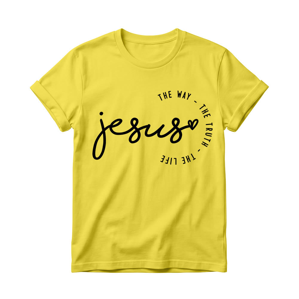 Christianartworkshop Handwritten Jesus Heart Accent Curved Arc The Way The Truth The Life Women’s Crewnecks T-shirt - Yellow - 4XL - image 6