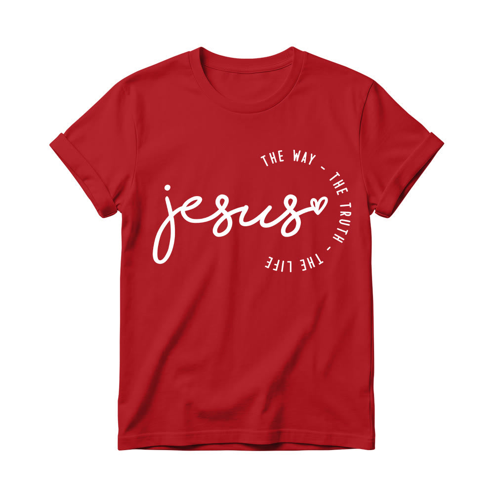 Christianartworkshop Handwritten Jesus Heart Accent Curved Arc The Way The Truth The Life Women’s Crewnecks T-shirt - Red - 4XL - image 14