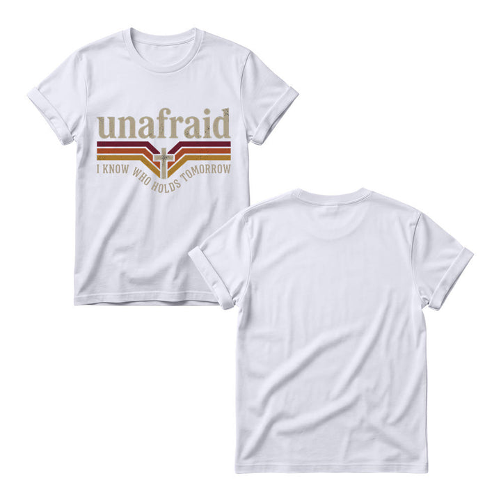 Christianartworkshop Retro Striped Cross Unafraid Curved Bottom Slogan Women’s Crewnecks T-shirt - image 7