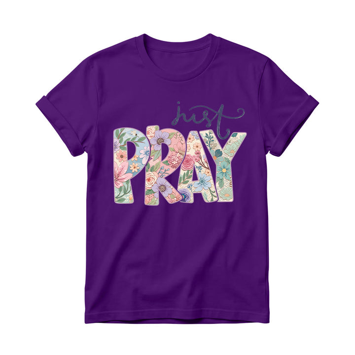 Christianartworkshop Floral Fill Pray Letter Top Cursive Just Women’s Crewnecks T-shirt - Purple - 4XL - image 12