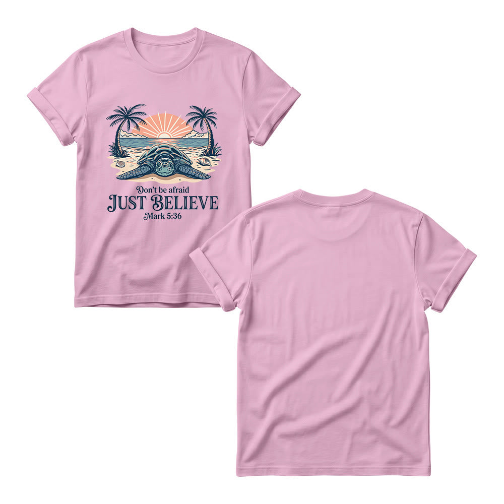 Christianartworkshop Beach Sunset Palm Sea Turtle Don’t Be Afraid Just Believe Mark 5:36 Women’s Crewnecks T-shirt - image 5