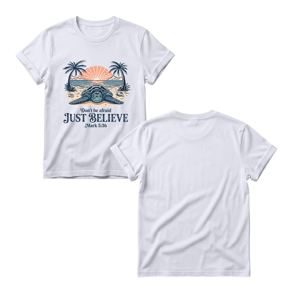 Christianartworkshop Beach Sunset Palm Sea Turtle Don’t Be Afraid Just Believe Mark 5:36 Women’s Crewnecks T-shirt - image 7