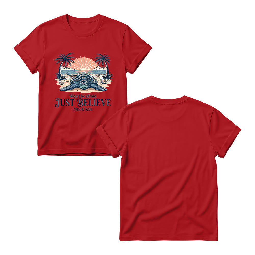 Christianartworkshop Beach Sunset Palm Sea Turtle Don’t Be Afraid Just Believe Mark 5:36 Women’s Crewnecks T-shirt - image 15