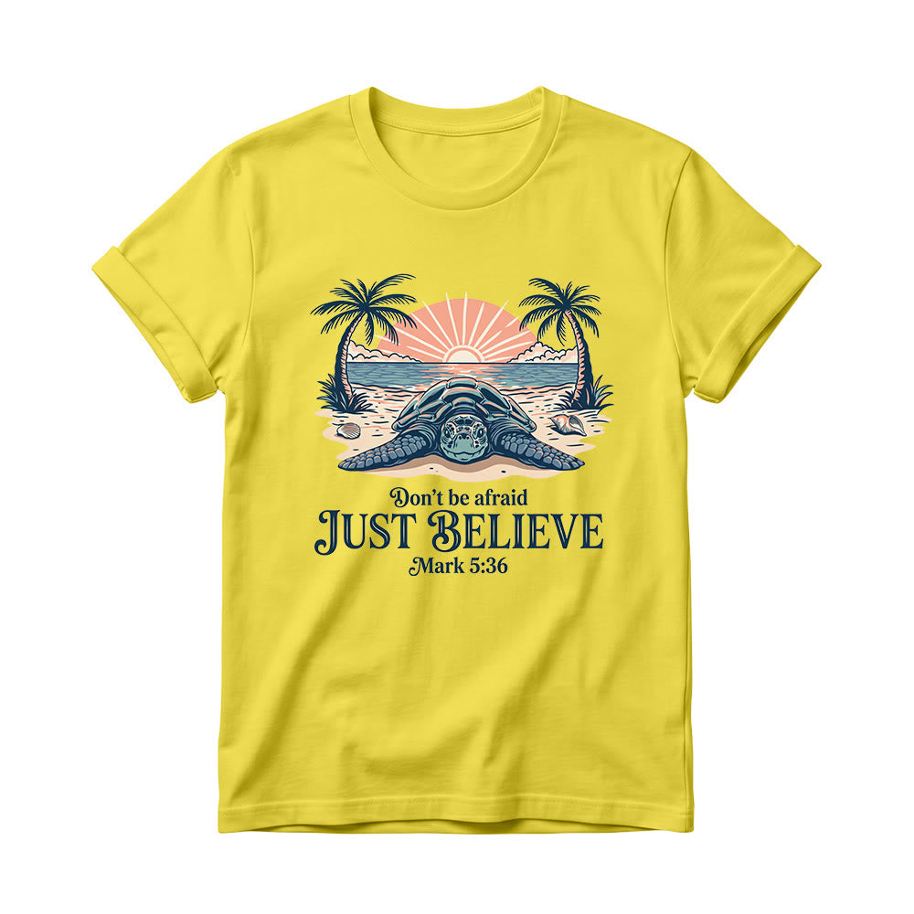 Christianartworkshop Beach Sunset Palm Sea Turtle Don’t Be Afraid Just Believe Mark 5:36 Women’s Crewnecks T-shirt - Yellow - 4XL - image 8