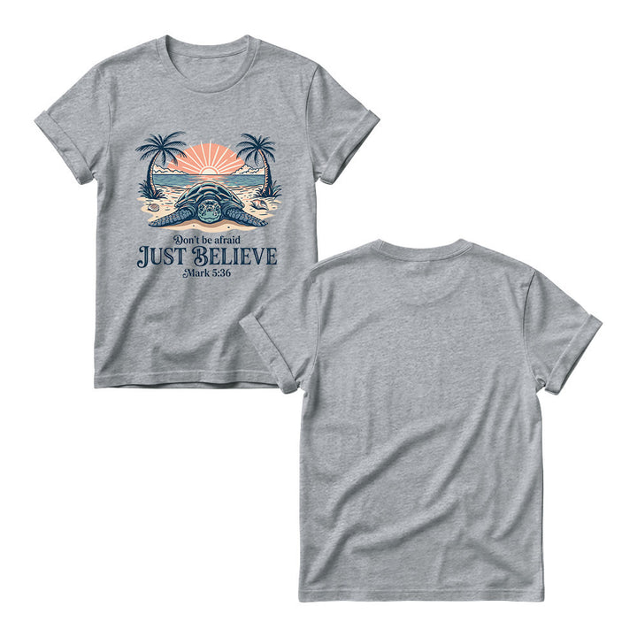 Christianartworkshop Beach Sunset Palm Sea Turtle Don’t Be Afraid Just Believe Mark 5:36 Women’s Crewnecks T-shirt - image 11