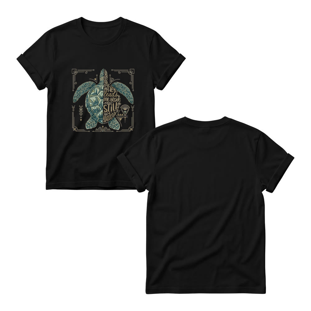 Christianartworkshop Split Geometric Sea Turtle Ornate Border Psalm Devotional Phrase Women’s Crewnecks T-shirt - image 3