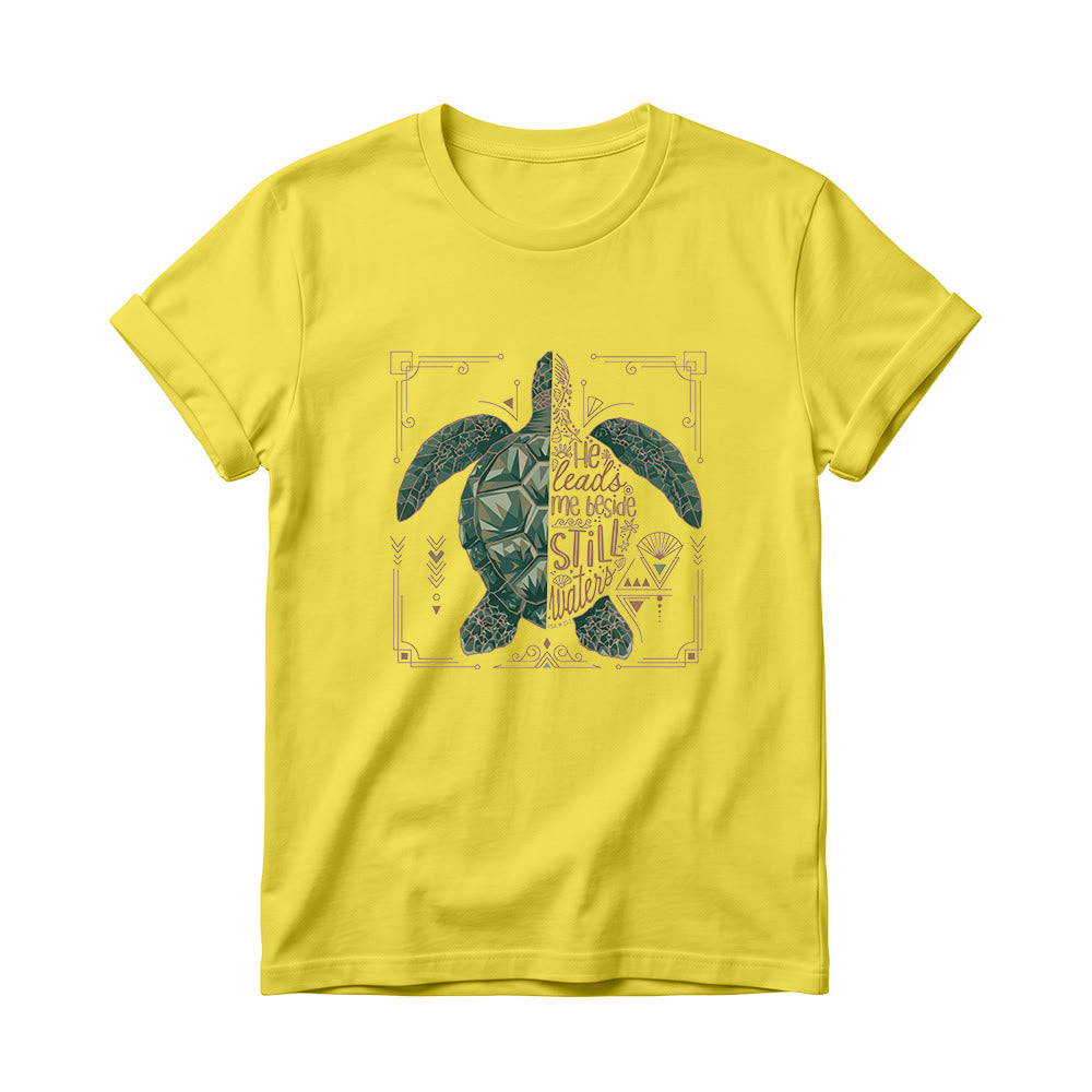 Christianartworkshop Split Geometric Sea Turtle Ornate Border Psalm Devotional Phrase Women’s Crewnecks T-shirt - Yellow - 4XL - image 8