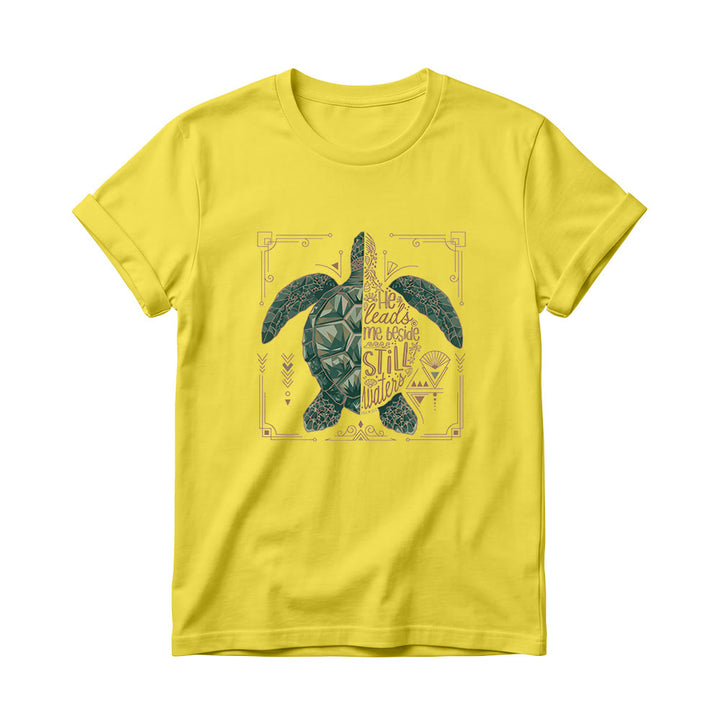 Christianartworkshop Split Geometric Sea Turtle Ornate Border Psalm Devotional Phrase Women’s Crewnecks T-shirt - Yellow - 4XL - image 8